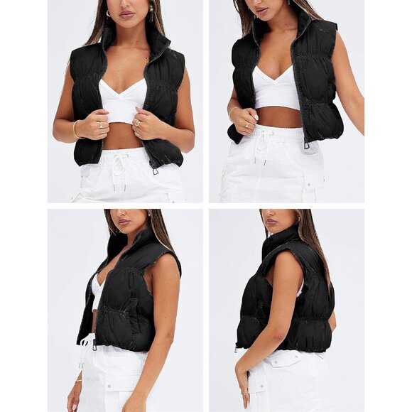 Women's Cropped Puffer Vest Nylon Polyester Stand Collar Sleeveless - Picture 7 of 7